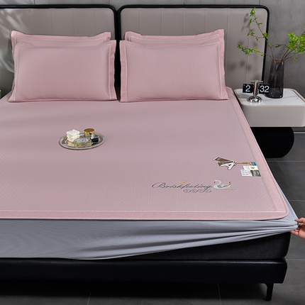 小牛席业 2025新款天鹅冷感豆豆席系列-（床笠款）凉席藤席冰藤席竹席空调席草席冰丝席豆豆席乳胶席三件套 天鹅冷感豆豆席系列-（床笠款）粉色