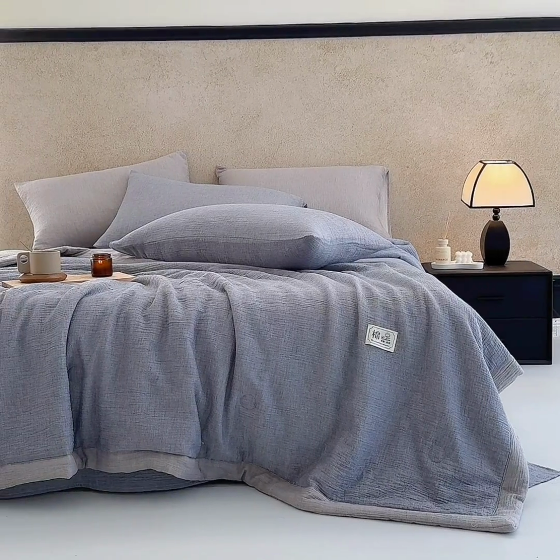 91家纺网 家纺一手货源 找家纺 吾诺 2025 纯色全棉泡泡双层纱夏被大豆夏被子被芯夏被四件套夏凉被空调被 复古蓝