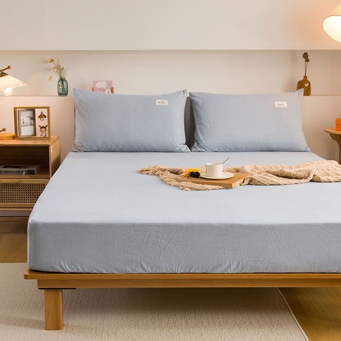 91家纺网 家纺一手货源 找家纺 柠萌家居 2025新款A类全棉色织水洗棉单床笠 浅水蓝