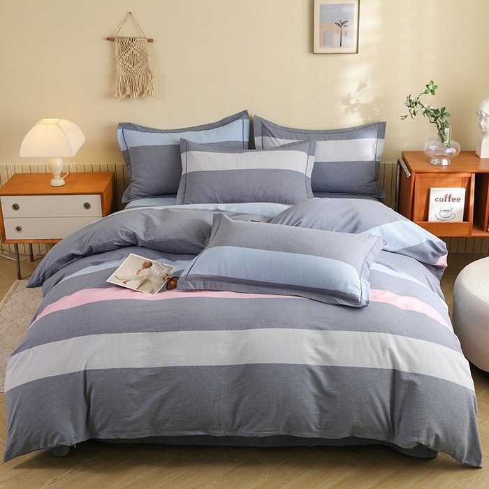 91家纺网 家纺一手货源 找家纺 木易家居 2025新款全棉色织水洗棉四件套海伦-蓝