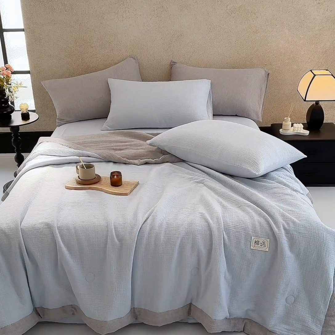 91家纺网 家纺一手货源 找家纺 吾诺 2025 纯色全棉泡泡双层纱夏被大豆夏被子被芯夏被四件套夏凉被空调被 烟灰兰