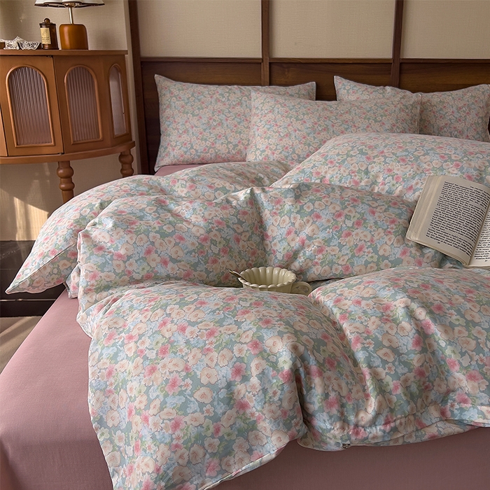 91家纺网 家纺一手货源 找家纺 优品阁  2025新款A类全棉有氧双层纱四件套 庭花香