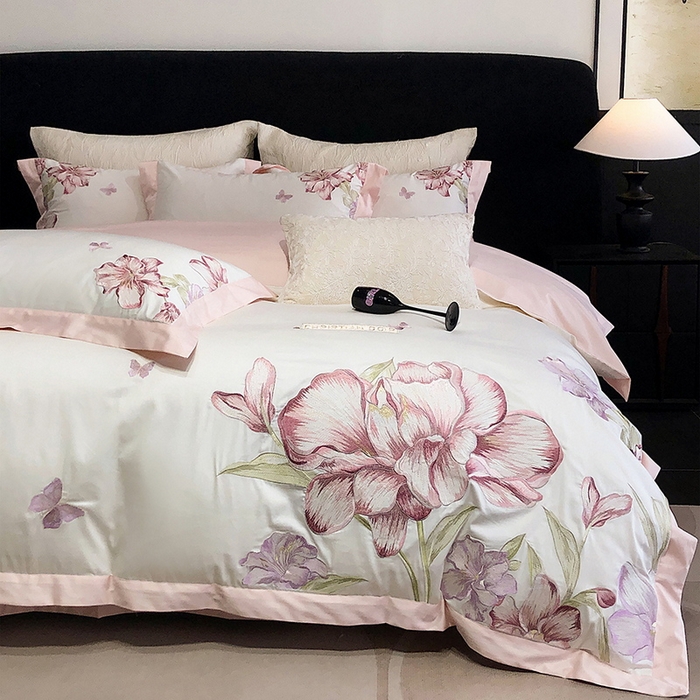 91家纺网 家纺一手货源 找家纺 2025新款全棉50s绣花刺绣款四件套 雯棠-粉