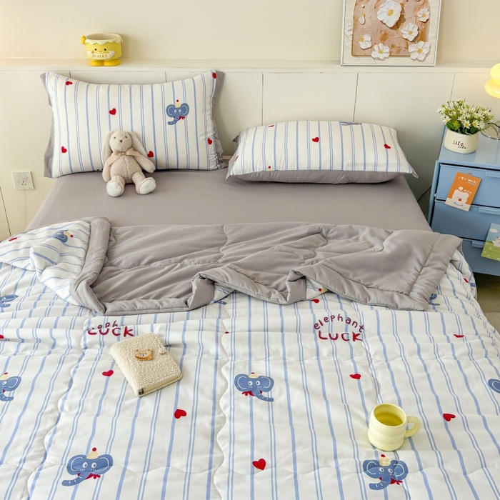 91家纺网 家纺一手货源 找家纺 梦舒羽2025新款小清新系列水洗棉夏被 爱心小象