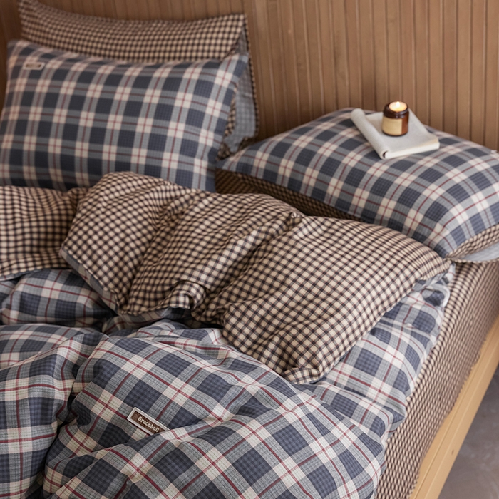 91家纺网 家纺一手货源 找家纺 安莱生活 2025 全棉双层纱苏格兰格纹系列四件套 集组格