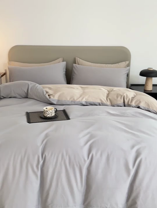 91家纺网 家纺一手货源 找家纺 2025年纯色双拼60支纯棉被套 浅灰+岩石灰