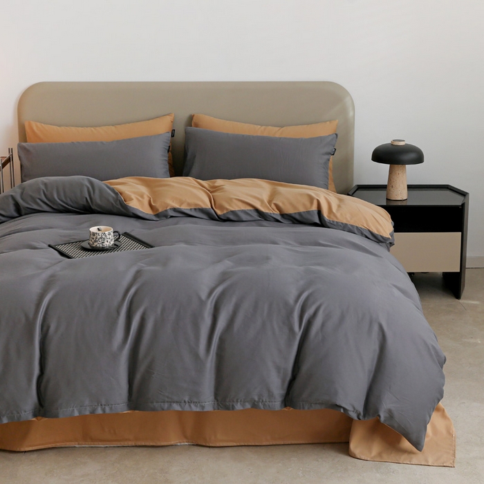 91家纺网 家纺一手货源 找家纺 2025年纯色双拼60支纯棉被套 深灰+卡其