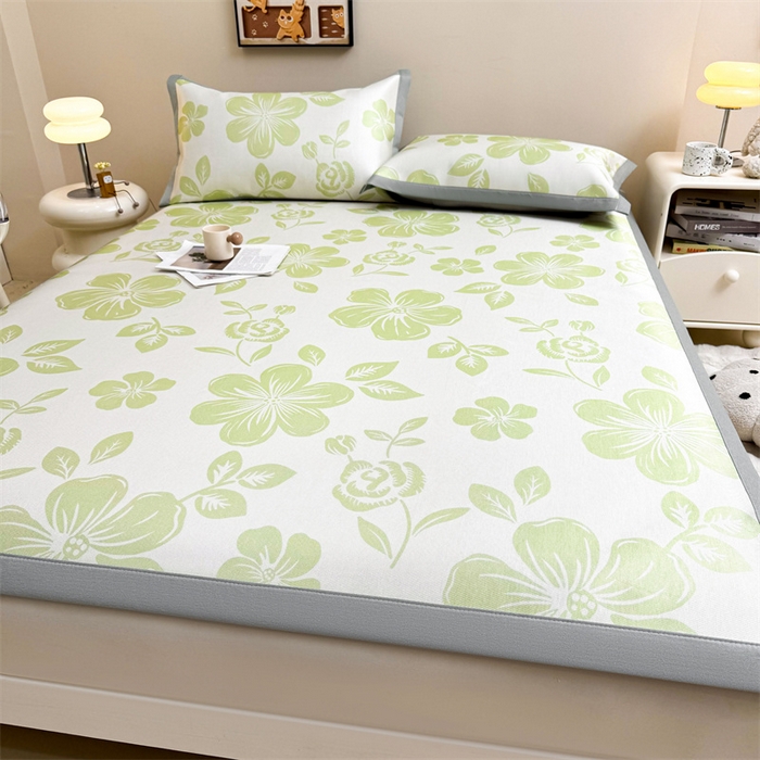 91家纺网 家纺一手货源 找家纺 雯豆2025夏季新品冰藤印花凉席三件套平铺绑带款冰丝凉席三件套 冰藤席-绑带款-伊犁花绚