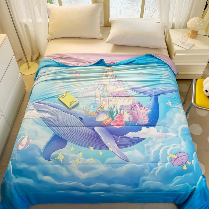 91家纺网 家纺一手货源 找家纺 大世界被王 2025年新款大版印花卡通凉感丝夏被 海底萌宠-兰