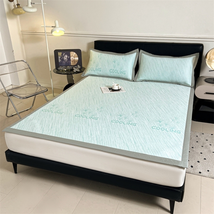 91家纺网 家纺一手货源 找家纺 雯豆2025中分子PE凉感冰丝凉席三件套平铺绑带款席子 银杏叶PE席-蓝