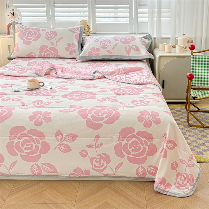 91家纺网 家纺一手货源 找家纺 雯豆2025夏季新品冰丝碳光凉席+凉感丝印花夏被四件套卡通小清新绑带席子四件套 冰丝夏被四件套-温语