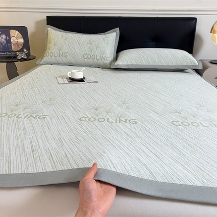 雯豆2025中分子PE凉感冰丝凉席三件套平铺绑带款席子 银杏叶PE席-绿-1