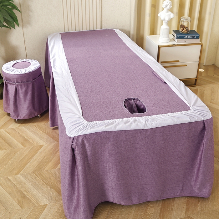 91家纺网 家纺一手货源 找家纺 芙怡 2025春夏新款8023款棉麻绒贴花美 容床罩-花漾系列 花漾-紫