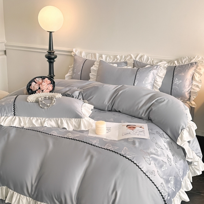 91家纺网 家纺一手货源 找家纺 米彩家纺 2025新款A类水洗真丝亮光浮雕花边四件套 浅灰