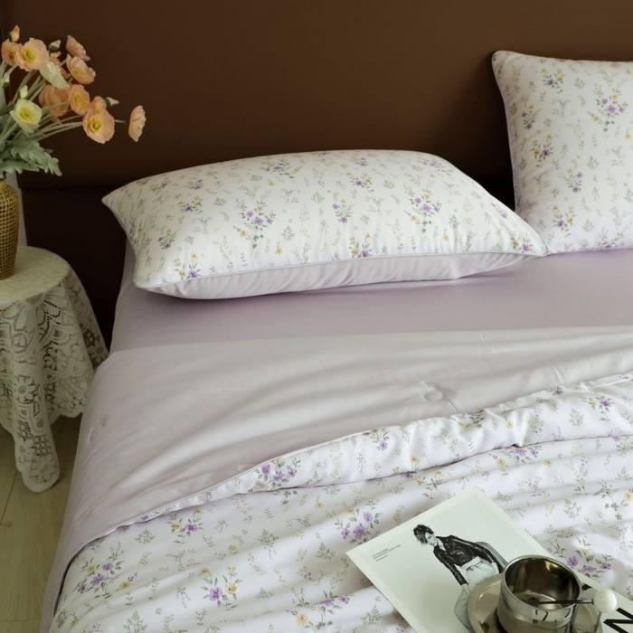 91家纺网 家纺一手货源 找家纺 朵美 2025新款50支天丝印花夏被+夏被四件套 惜春-紫