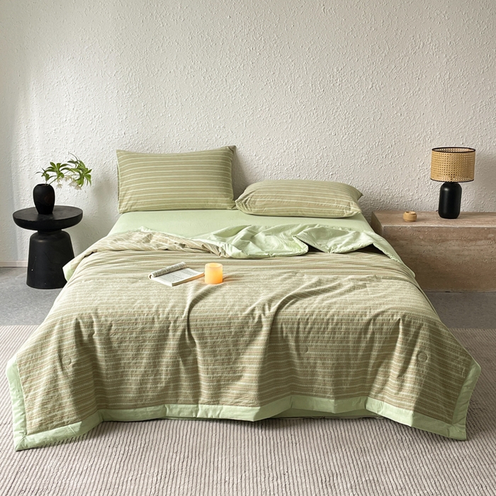 91家纺网 家纺一手货源 找家纺 吾诺 2025 全棉色织提花水洗棉大豆夏被子被芯全棉夏被四件套夏凉被空调被 摩卡绿