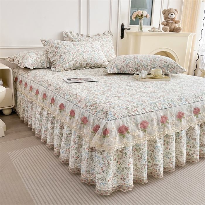 91家纺网 家纺一手货源 找家纺  十个点 2025新款全棉纯棉蕾丝花边床裙 暮色花海