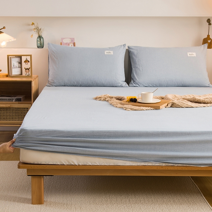 91家纺网 家纺一手货源 找家纺 柠萌家居 2025新款A类全棉色织水洗棉单床笠 浅水蓝