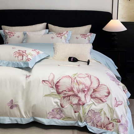 91家纺网 家纺一手货源 找家纺 2025新款高支高密全棉50s长绒棉绣花刺绣款纯棉四件套高端简奢直播礼盒装