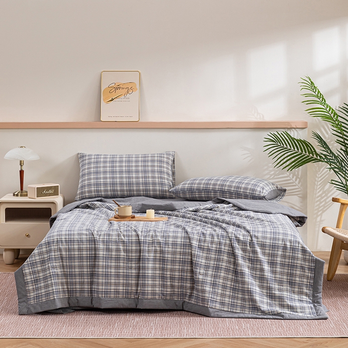 91家纺网 家纺一手货源 找家纺 吾诺 2025 全棉色织水洗棉夏被大豆夏被四件套被子被芯空调被夏凉被 细灰格