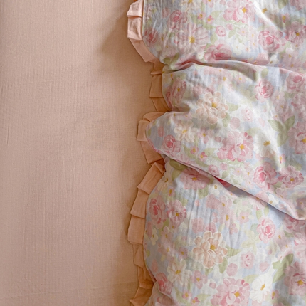 忆生活家纺 2025新款全棉韩版双层纱花边款四件套 国色芳华-粉