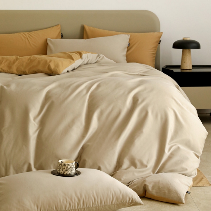 91家纺网 家纺一手货源 找家纺 2025年纯色双拼60支纯棉被套 岩石灰+卡其