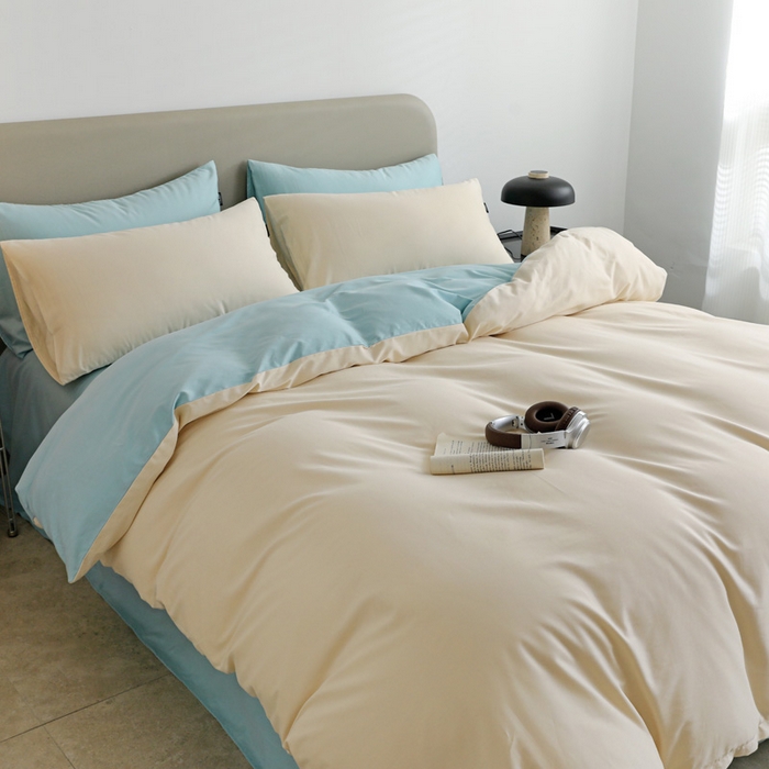 91家纺网 家纺一手货源 找家纺 2025年纯色双拼60支纯棉被套 奶白+婴儿蓝