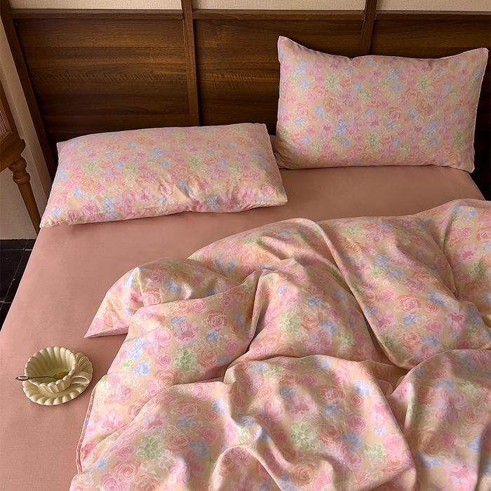 91家纺网 家纺一手货源 找家纺 优品阁  2025新款A类全棉有氧双层纱四件套 绯色花间