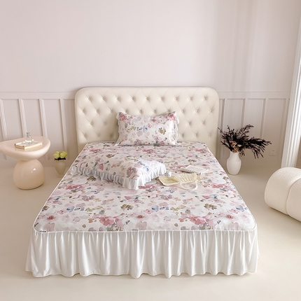 三味舒屋 2025新款法式床裙款数码印花冰丝凉席三件套 床裙-云裳