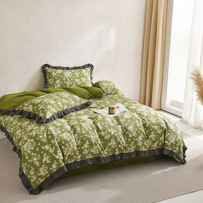 91家纺网 家纺一手货源 找家纺 2025新款A类纯棉双层纱皱皱纱花边四件套（复古风） 曼晴-牛油果绿