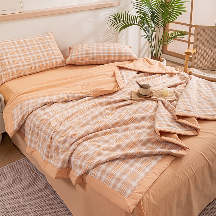 91家纺网 家纺一手货源 找家纺 吾诺 2025 全棉色织水洗棉夏被大豆夏被四件套被子被芯空调被夏凉被 桔色格