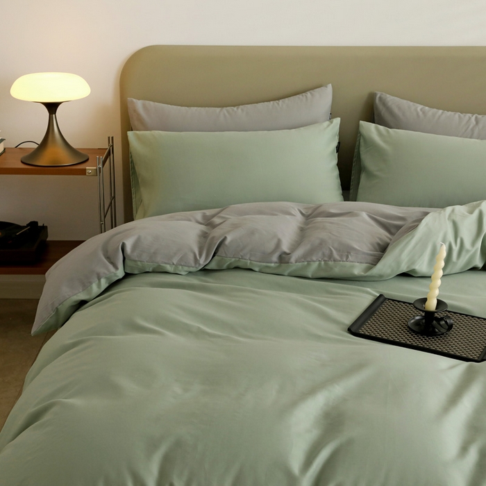 91家纺网 家纺一手货源 找家纺 2025年纯色双拼60支纯棉被套 抹茶绿+浅灰