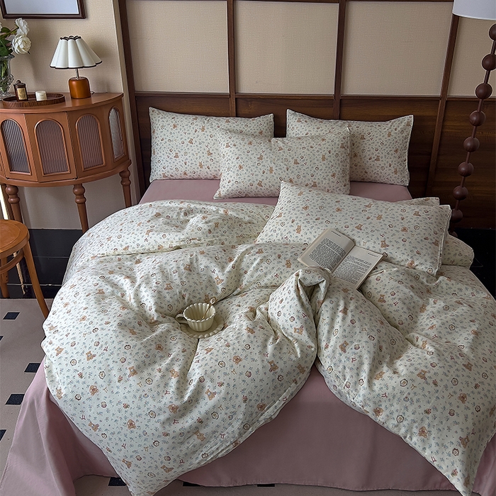 91家纺网 家纺一手货源 找家纺 优品阁  2025新款A类全棉有氧双层纱四件套 萌宠花园