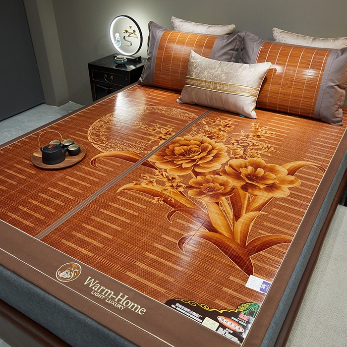 91家纺网 家纺一手货源 找家纺 苏迪凉席竹席2025新款竹席凉席冰丝席碳化双面印花藤草席 花好月圆