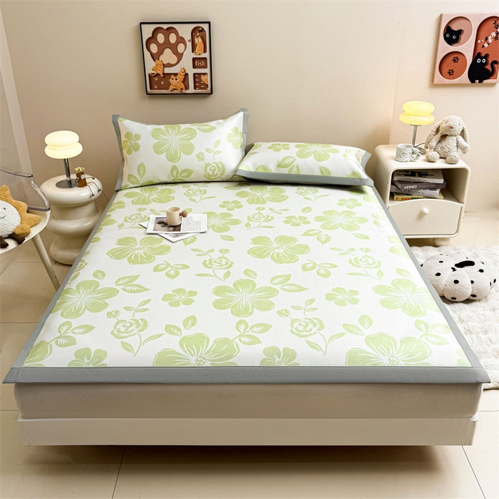 91家纺网 家纺一手货源 找家纺 雯豆2025夏季新品冰藤印花凉席三件套平铺绑带款冰丝凉席三件套 冰藤席-绑带款-伊犁花绚