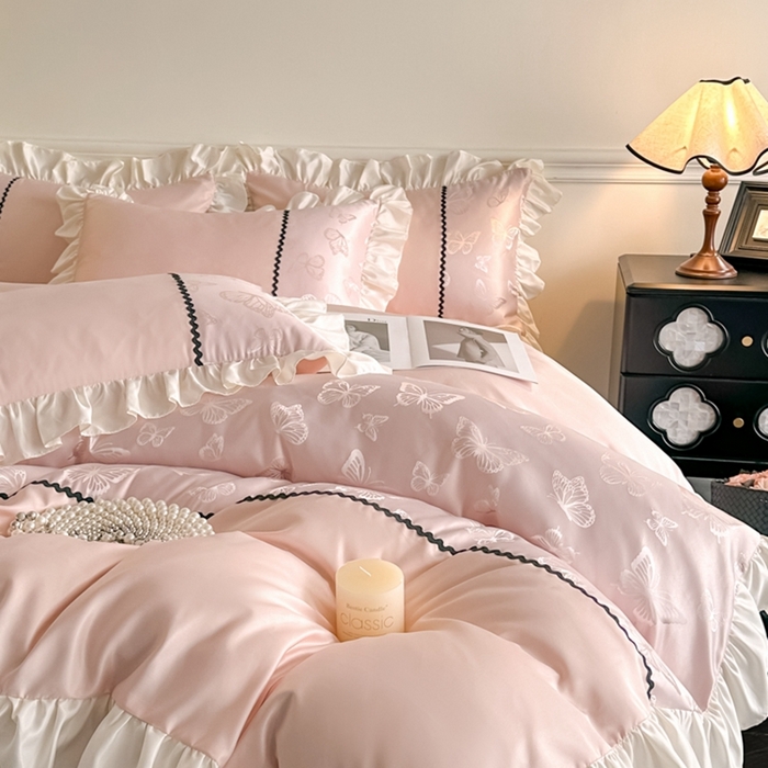 91家纺网 家纺一手货源 找家纺 米彩家纺 2025新款A类水洗真丝亮光浮雕花边四件套 粉香槟