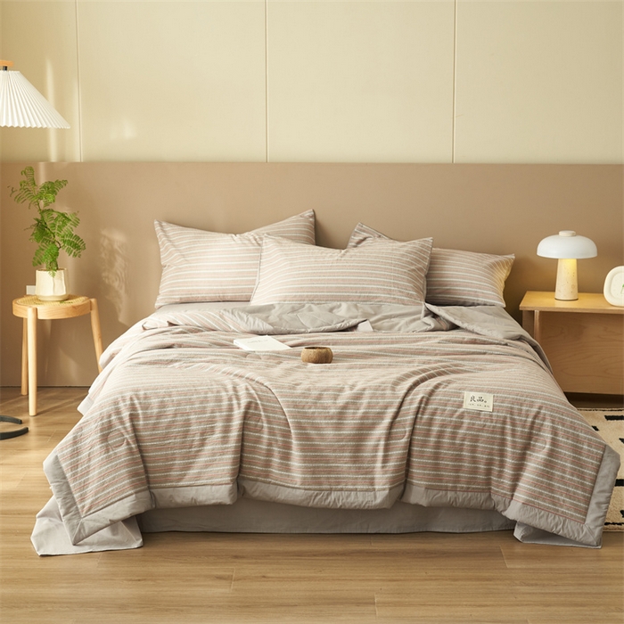 91家纺网 家纺一手货源 找家纺 （总）金鹰 2025新款A类纯棉提花条纹水洗棉大豆全棉夏被空调被四件套