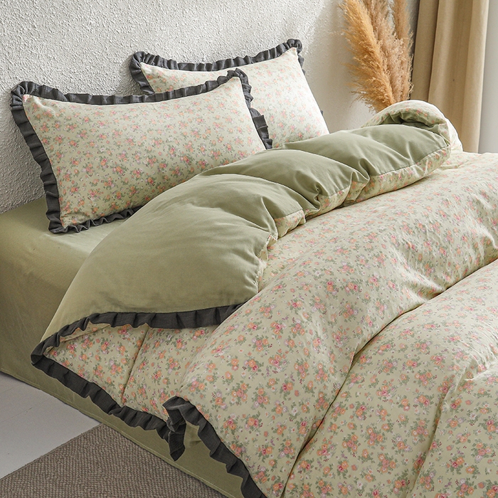 91家纺网 家纺一手货源 找家纺 2025新款A类纯棉双层纱皱皱纱花边四件套（复古风） 清逸