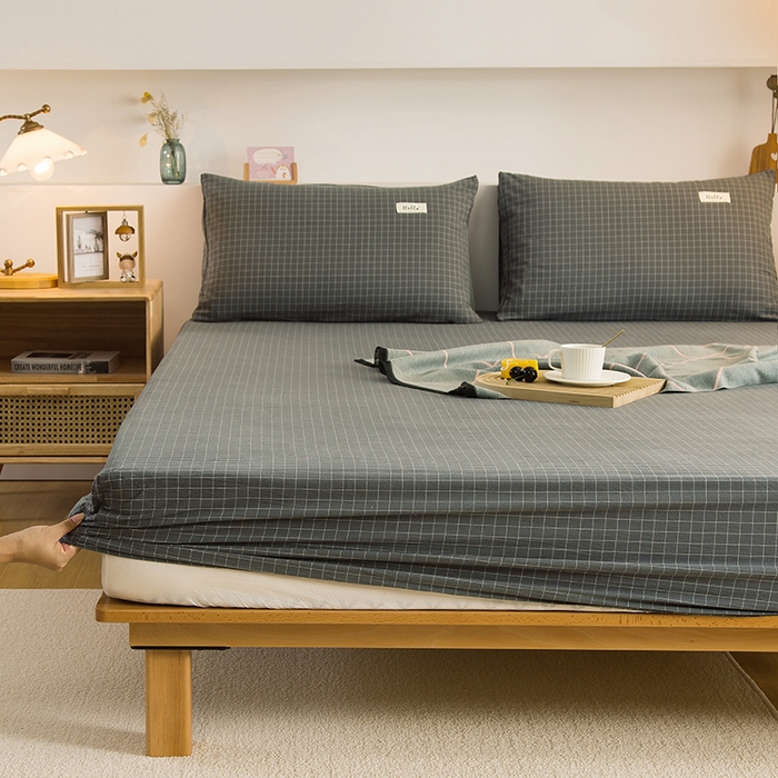 91家纺网 家纺一手货源 找家纺 柠萌家居 2025新款A类全棉色织水洗棉单床笠 灰小格