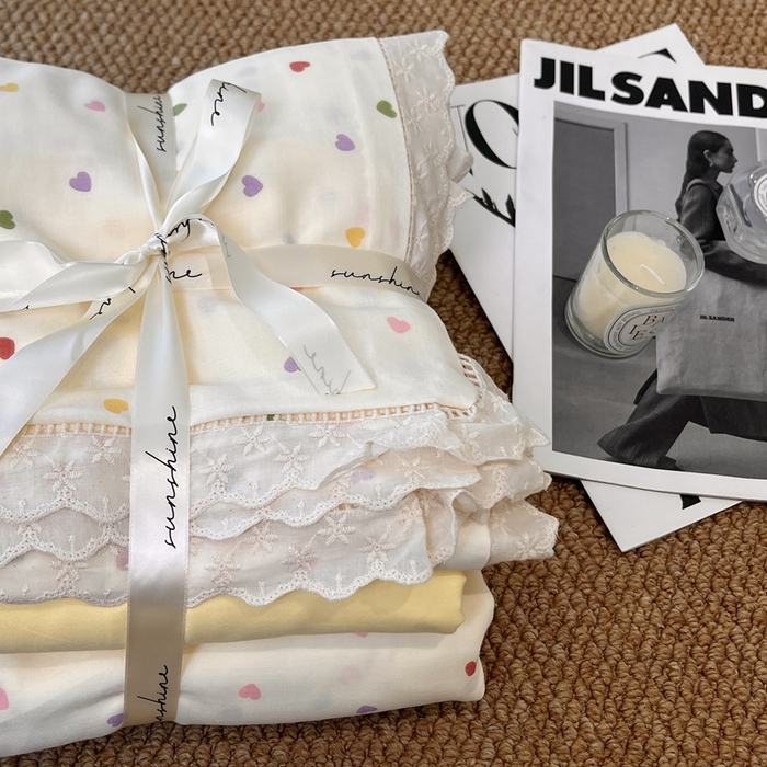 91家纺网 家纺一手货源 找家纺 荣轩家居 2025新款全棉双层纱镂空花边工艺款四件套橘子海盐