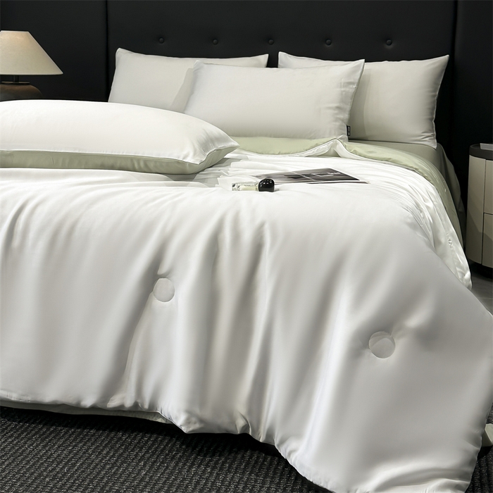 91家纺网 家纺一手货源 找家纺 金鹰 2025新款A类莱赛尔50天丝拼色空调被大豆夏被四件套 珍珠白