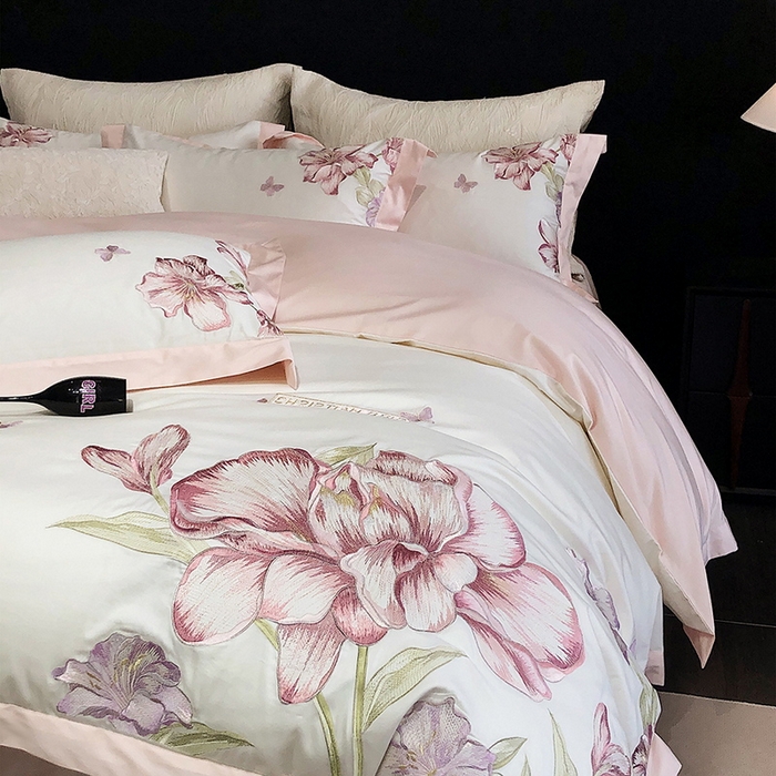 91家纺网 家纺一手货源 找家纺 2025新款全棉50s绣花刺绣款四件套 雯棠-粉