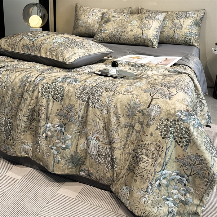 91家纺网 家纺一手货源 找家纺 笙意家纺  2025新款水洗真丝数码印花暗盒款夏被 菲尔德-灰