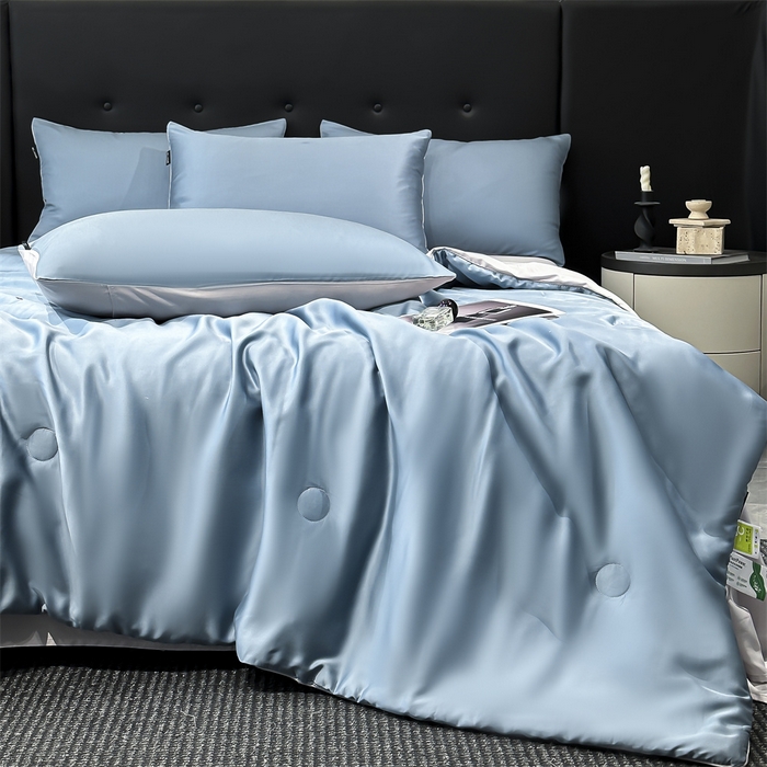 91家纺网 家纺一手货源 找家纺 金鹰 2025新款A类莱赛尔50天丝拼色空调被大豆夏被四件套 深蓝