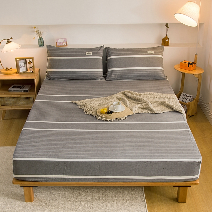 91家纺网 家纺一手货源 找家纺 柠萌家居 2025新款A类全棉色织水洗棉单床笠 宽双线冷灰