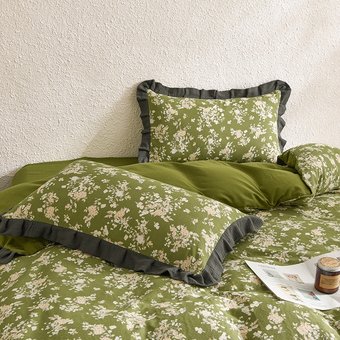 91家纺网 家纺一手货源 找家纺 2025新款A类纯棉双层纱皱皱纱花边四件套（复古风） 曼晴-牛油果绿