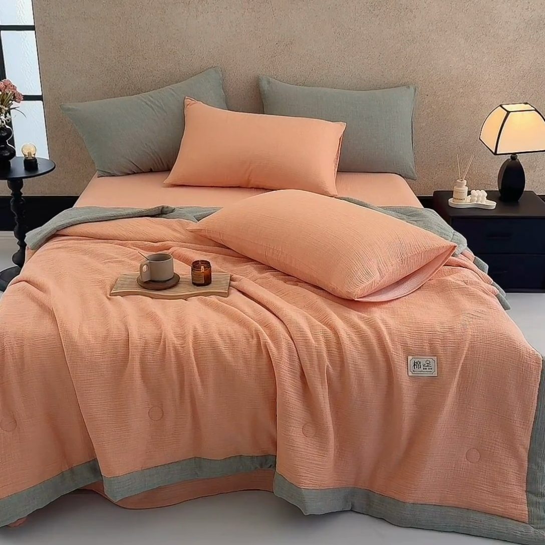 91家纺网 家纺一手货源 找家纺 吾诺 2025 纯色全棉泡泡双层纱夏被大豆夏被子被芯夏被四件套夏凉被空调被 日落桔