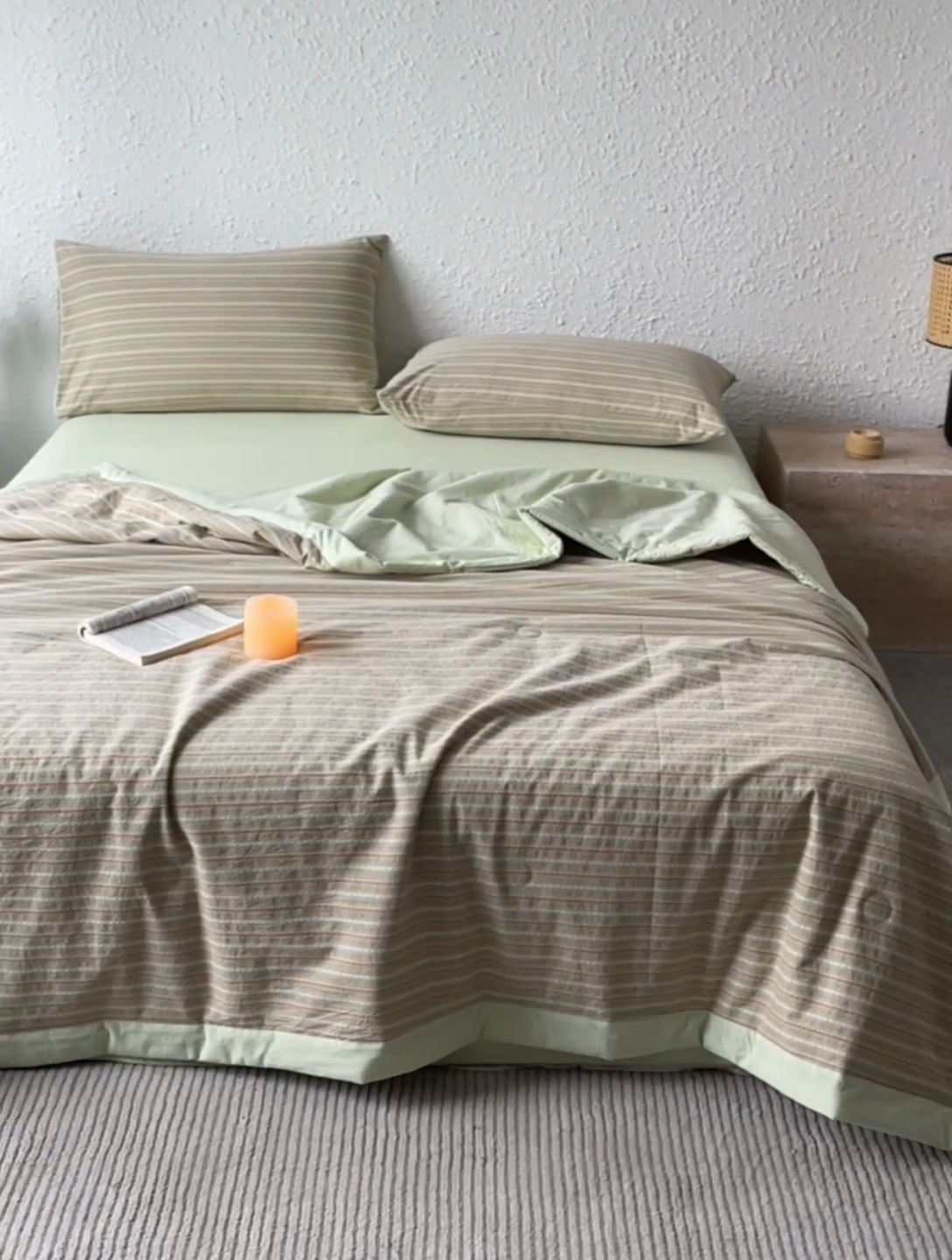 91家纺网 家纺一手货源 找家纺 吾诺 2025 全棉色织提花水洗棉大豆夏被子被芯全棉夏被四件套夏凉被空调被 摩卡绿
