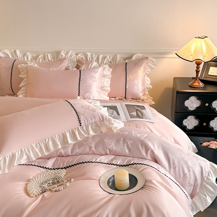 91家纺网 家纺一手货源 找家纺 （总）米彩家纺 2025新款A类水洗真丝亮光浮雕花边四件套