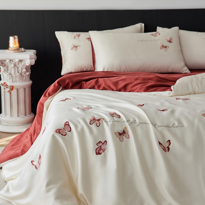 91家纺网 家纺一手货源 找家纺 安莱生活 2025兰精进口60S天丝绣花四件套（红色系列） 绮梦红蝶